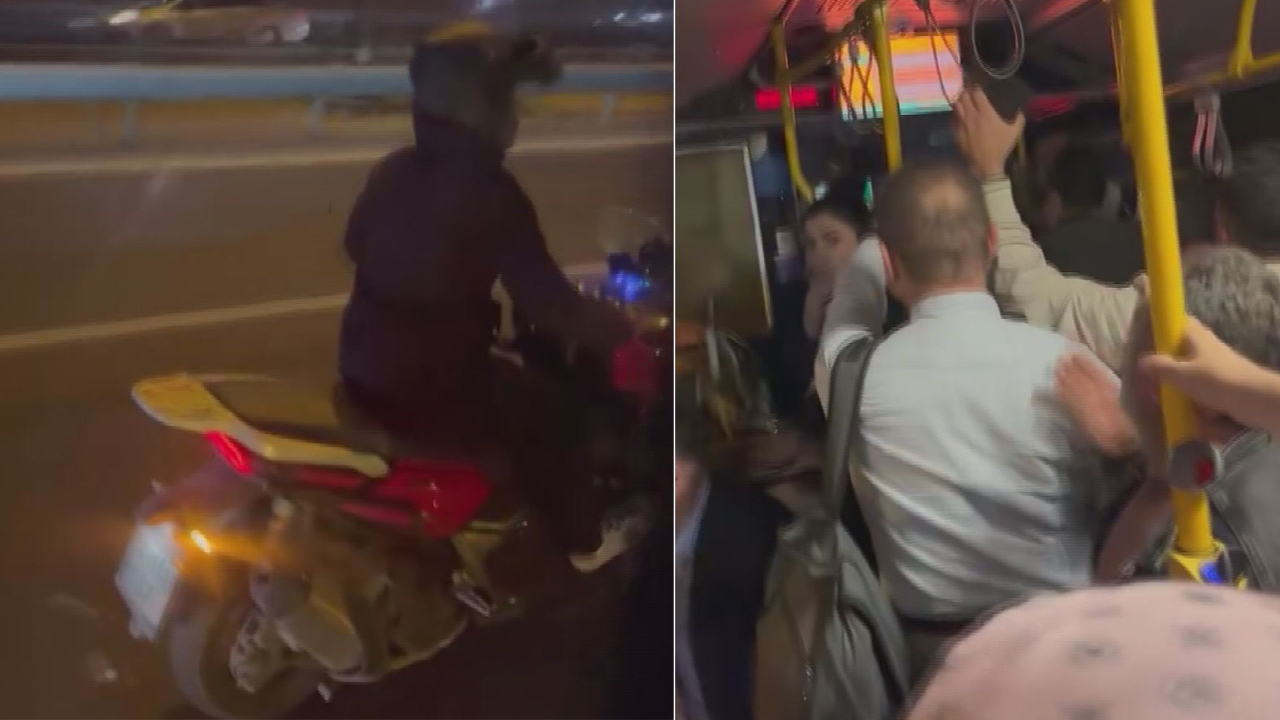 İstanbul'da Akıl Almaz Olay! Motosikletli Maganda Otobüsün Camını Parçaladı!